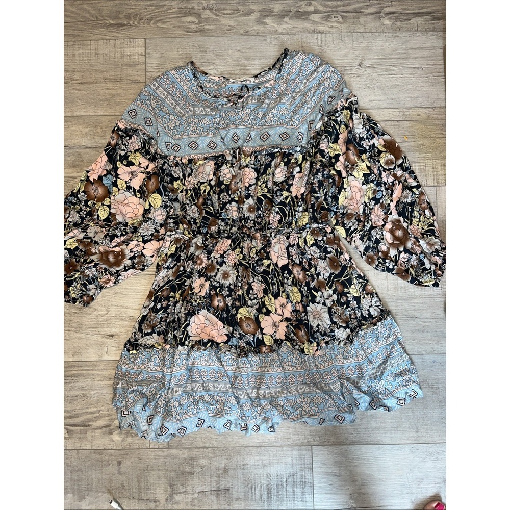 SAINTS & HEARTS Dress Women Med Blue Floral Ruffle Blouson Boho Cottage